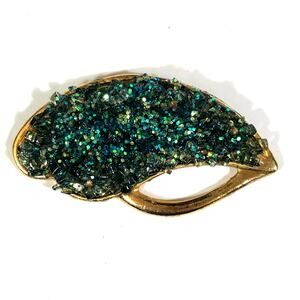 Green Glass Glitter Brooch Gold Tone Large Statement Vintage Retro Sparkle